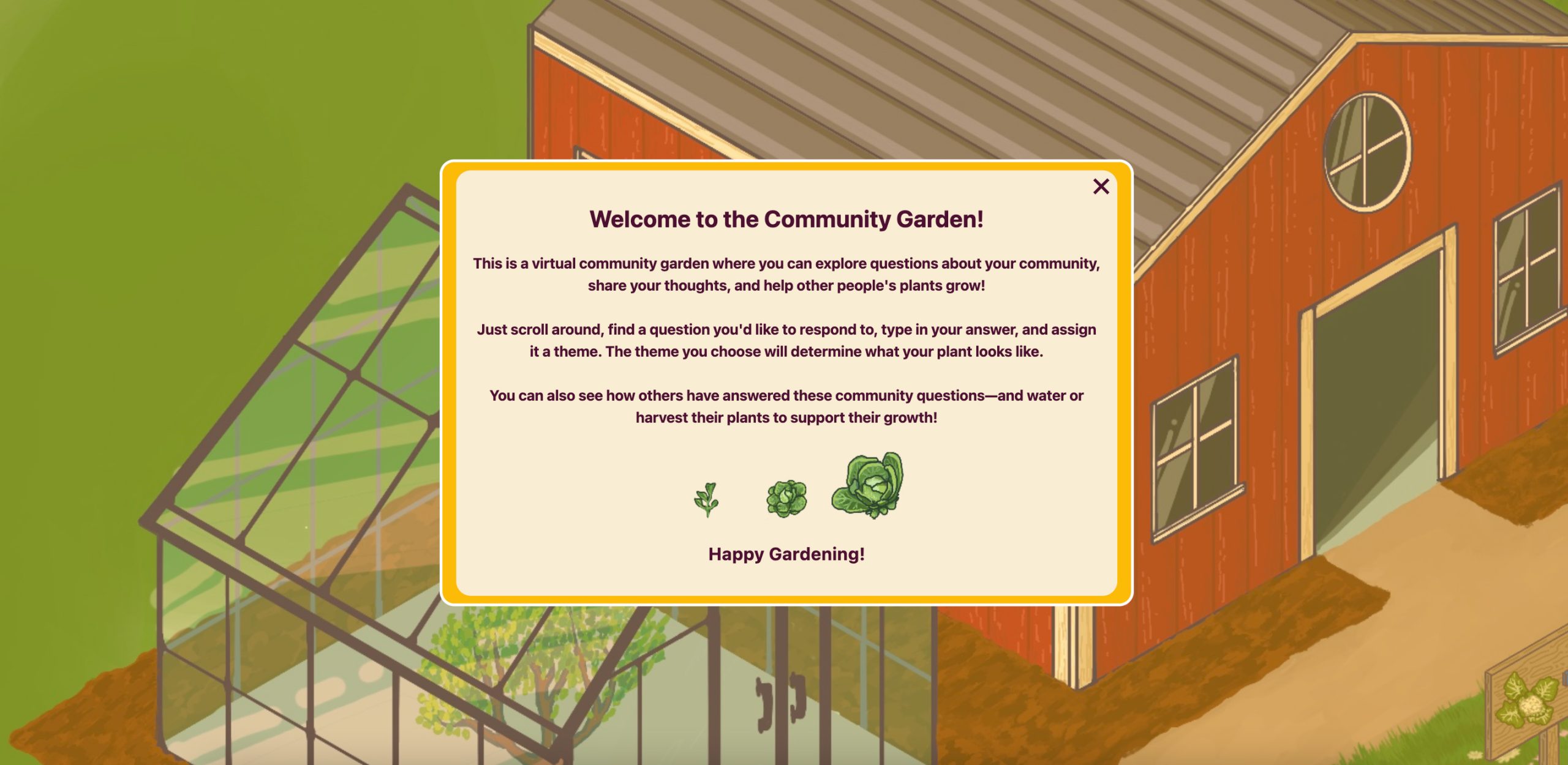 Thesis3 Welcome screen for virtual Community Garden with greenhouse, barn, and plant growth icons explaining interactive features.