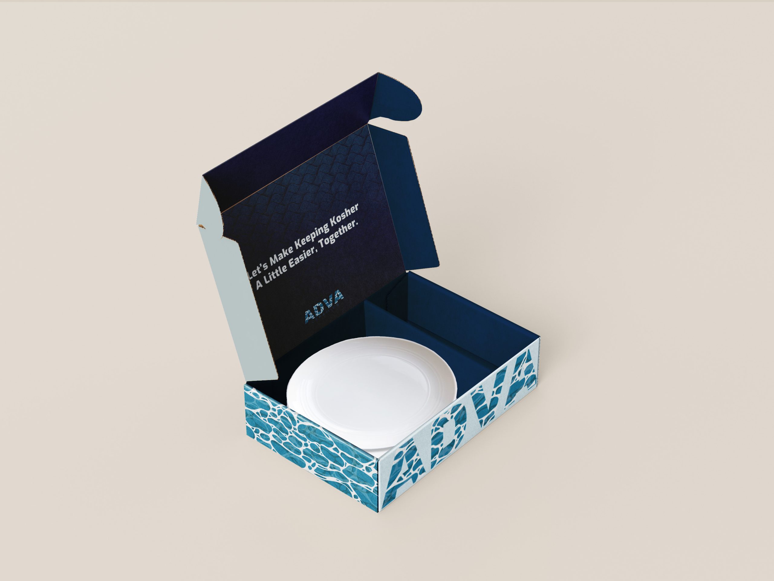 adva-box-open ADVA kosher bowl in blue geometric packaging box with lid open showing white ceramic dish inside