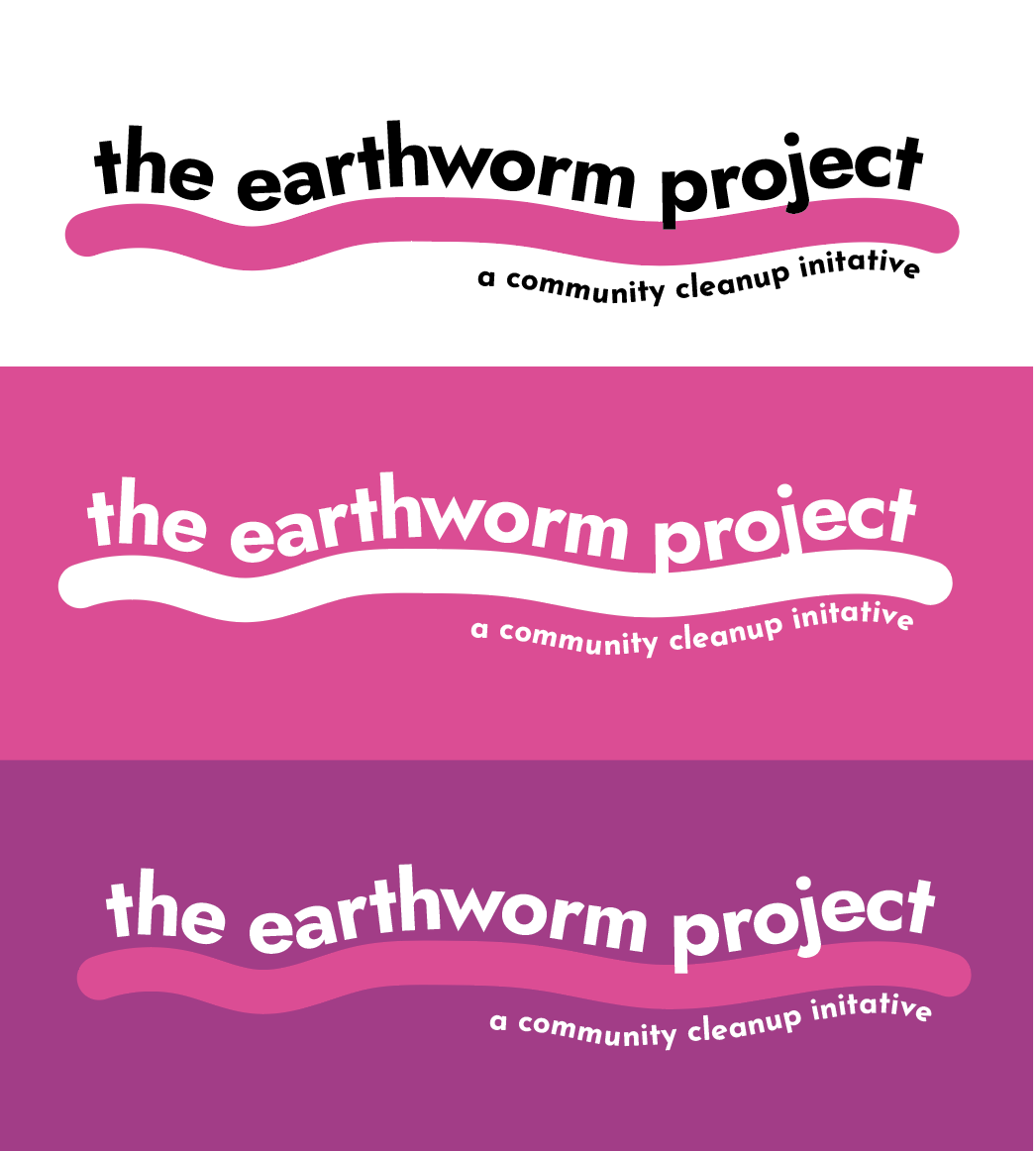 logo The Earthworm Project logo in three color variations - white, pink, and purple backgrounds with community cleanup text