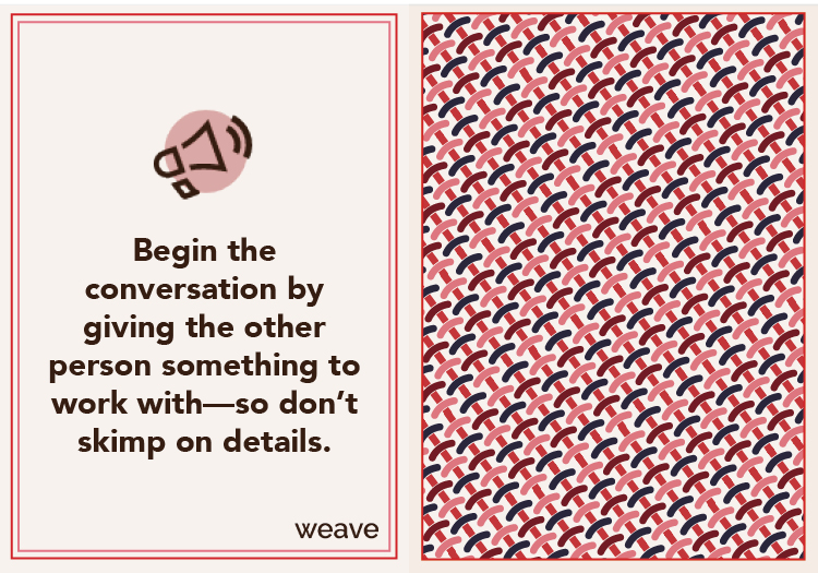 small-talk-cards19 Weave app tip card with megaphone icon advising to give details when starting conversations, next to red geometric pattern.