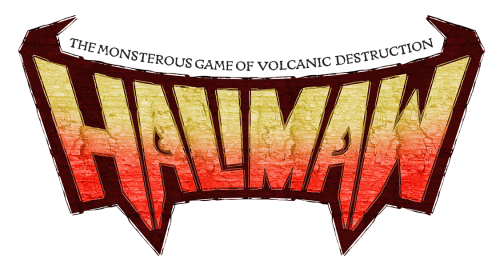 Magma board game logo with fiery red and yellow gradient text and tagline The Monsterous Game of Volcanic Destruction
