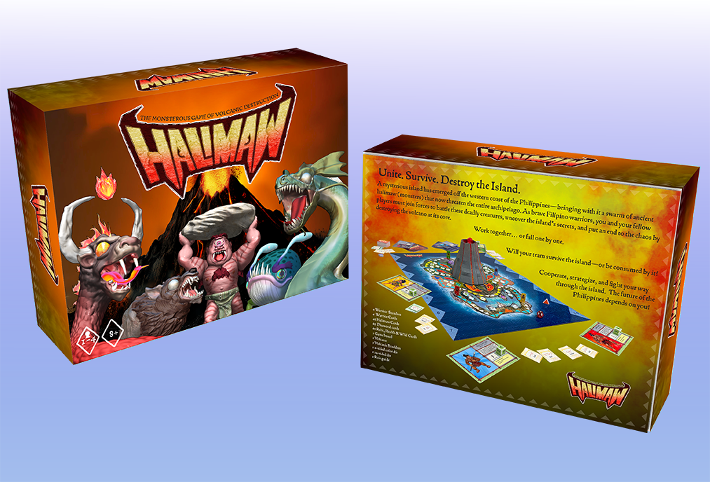 Hauwan board game box showing front cover with fantasy creatures and back cover displaying game components and island map