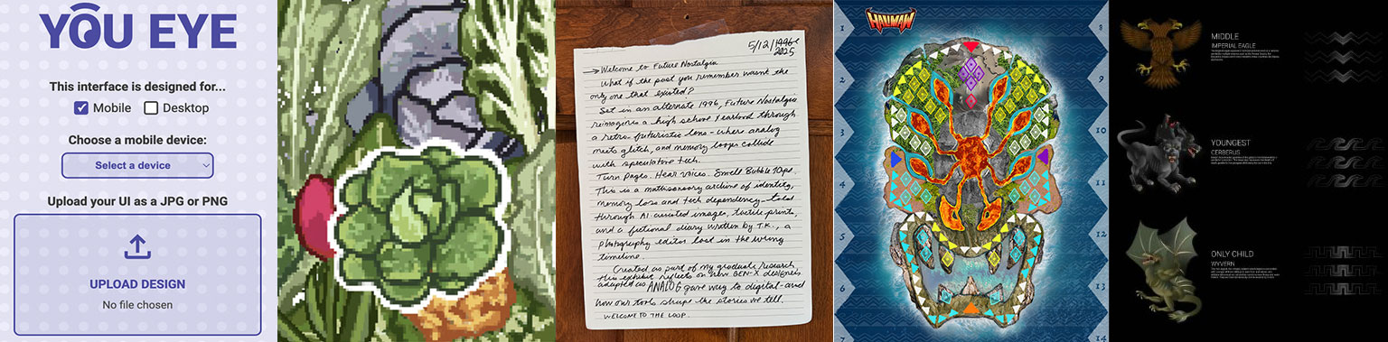 2025-MFA YouEye mobile UI testing interface with pixel art cactus, handwritten note, colorful digital art, and dark gaming graphics