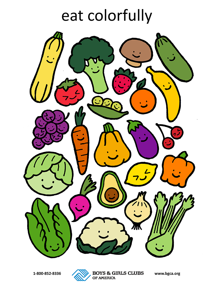 Colorful cartoon fruits and vegetables with smiling faces promoting healthy eating - Boys & Girls Clubs of America poster