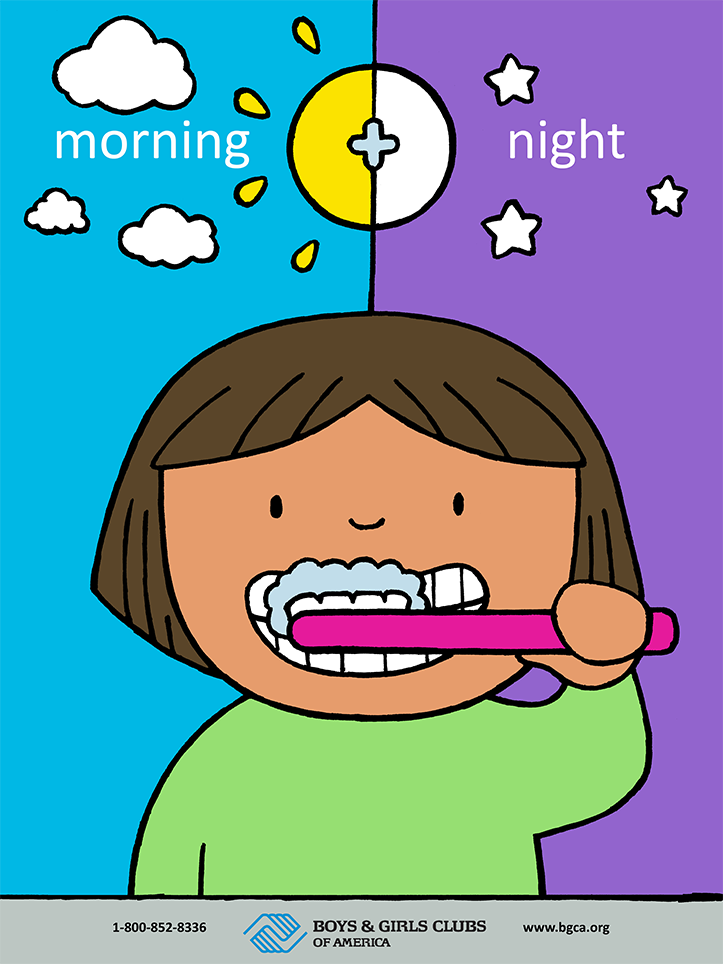 Child brushing teeth with pink toothbrush, split scene showing morning sun with clouds and nighttime moon with stars