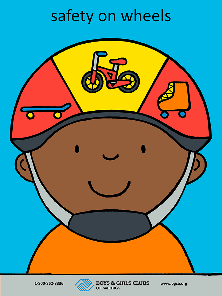 Child wearing safety helmet with bicycle, skateboard, and roller skate icons promoting wheel sports safety education