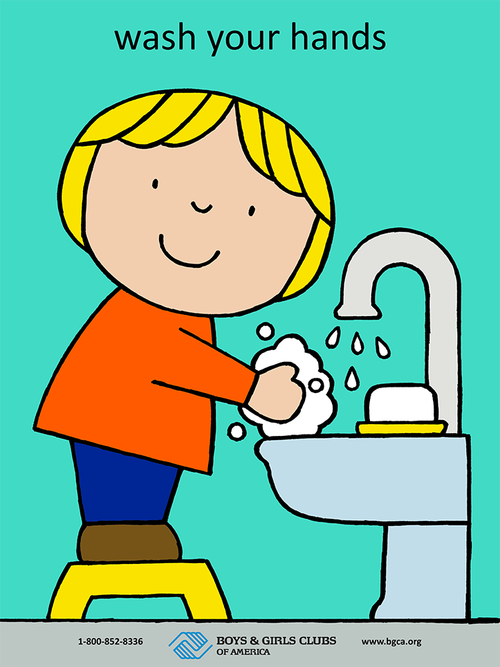 Child with blonde hair washing hands at sink with soap and water - hand hygiene safety poster