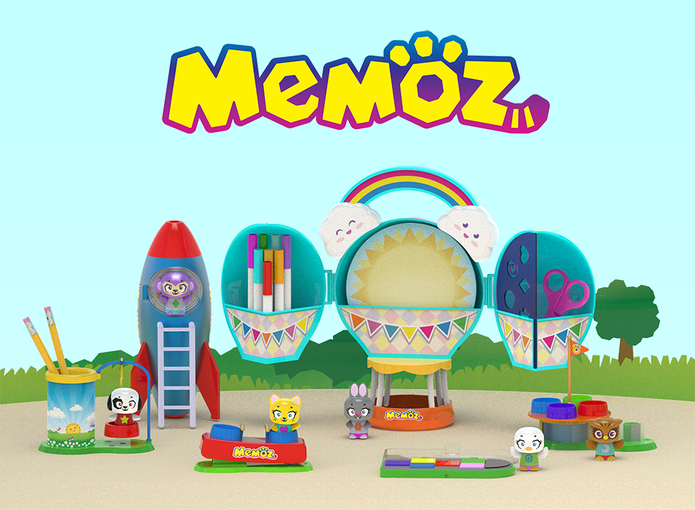 Memoz colorful children's toy playset with rocket, hot air balloon, and cute animal characters on playful background