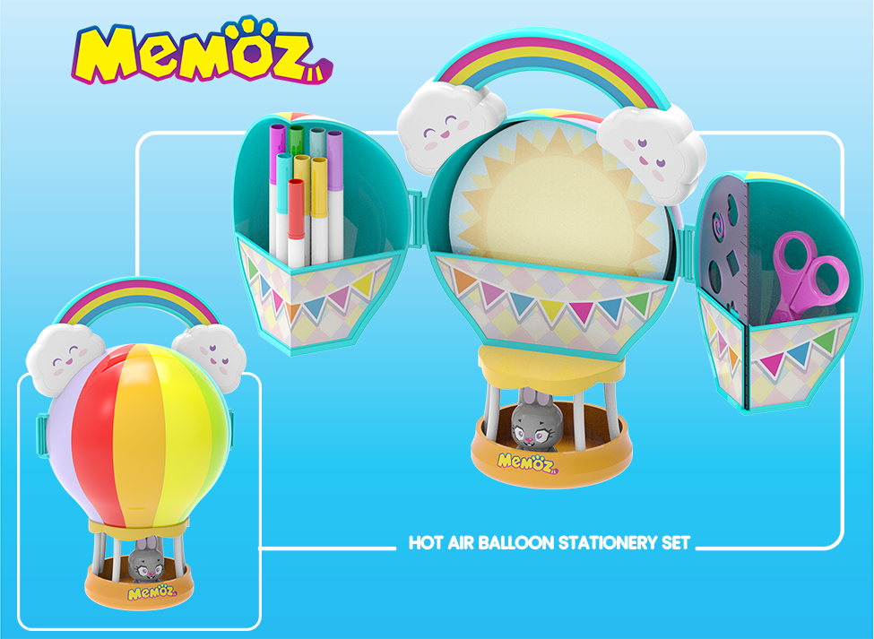 Memoz Hot Air Balloon Stationery Set with colorful organizers, rainbow design, and cute cloud characters for kids