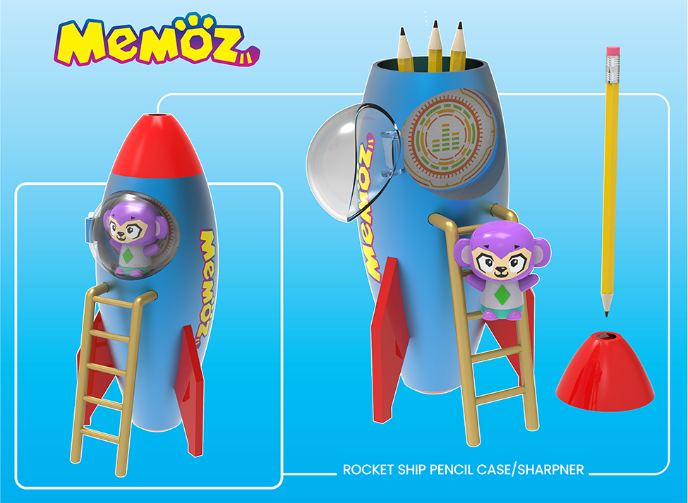 Memoz rocket ship pencil case and sharpener with purple monkey character and ladder - kids school supplies toy