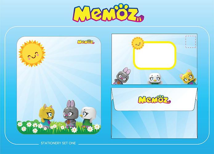 Memöz stationery set with cute cartoon animal characters, sun design, notepads and memo sheets in blue packaging