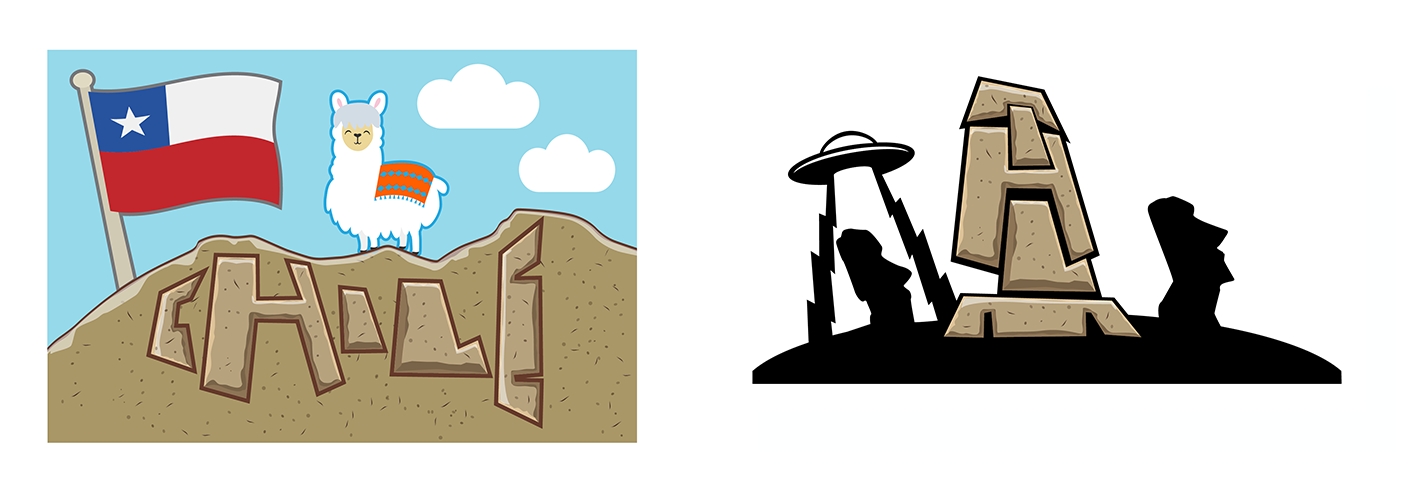 Chile flag with llama and carved stone letters spelling CHILE next to UFO abduction scene with stone letter A