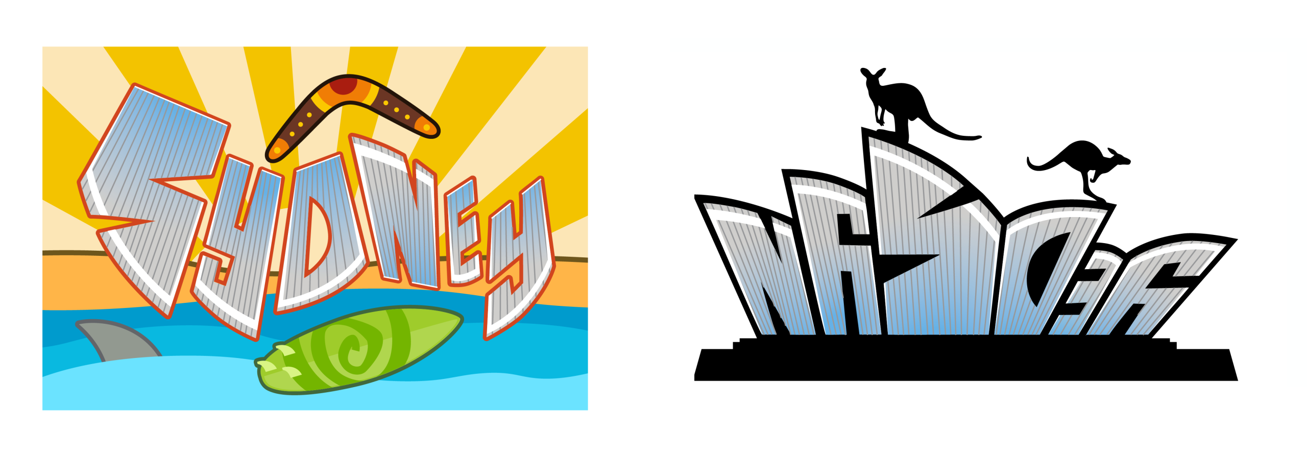 Sydney Opera House stylized logo with kangaroo silhouettes and boomerang, featuring colorful text and Australian themes