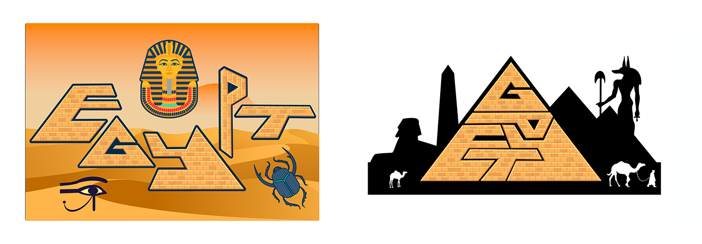 Egypt pyramids with pharaoh mask, hieroglyphs, Eye of Horus, scarab beetle, and silhouetted desert scene with camels