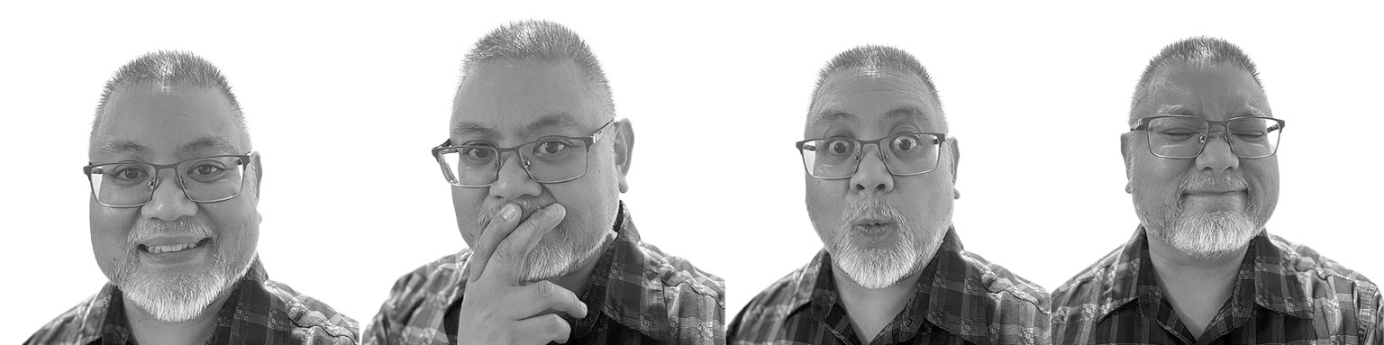 Middle-aged man with glasses and beard showing four different facial expressions in black and white portrait sequence