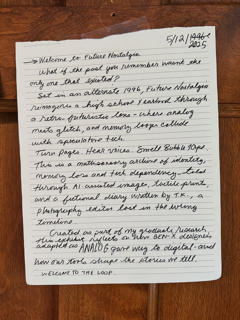 Tracy Kretz_Future Nostagia READ ME Handwritten note on lined paper dated 5/18/1994-2005 discussing future nostalgia and retro-futuristic themes