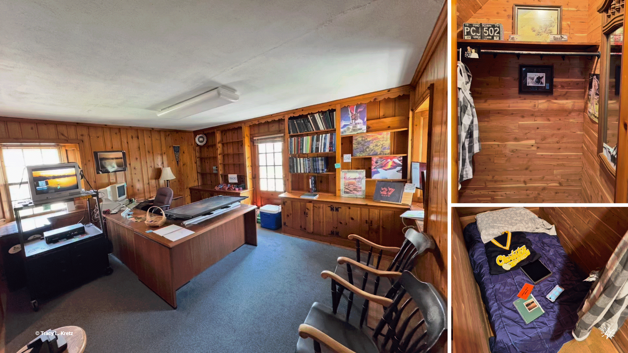 Tracy Kretz_Future Nostalgia_Photo_1 Cozy wood-paneled office with built-in bookshelves and loft bedroom in rustic cabin interior