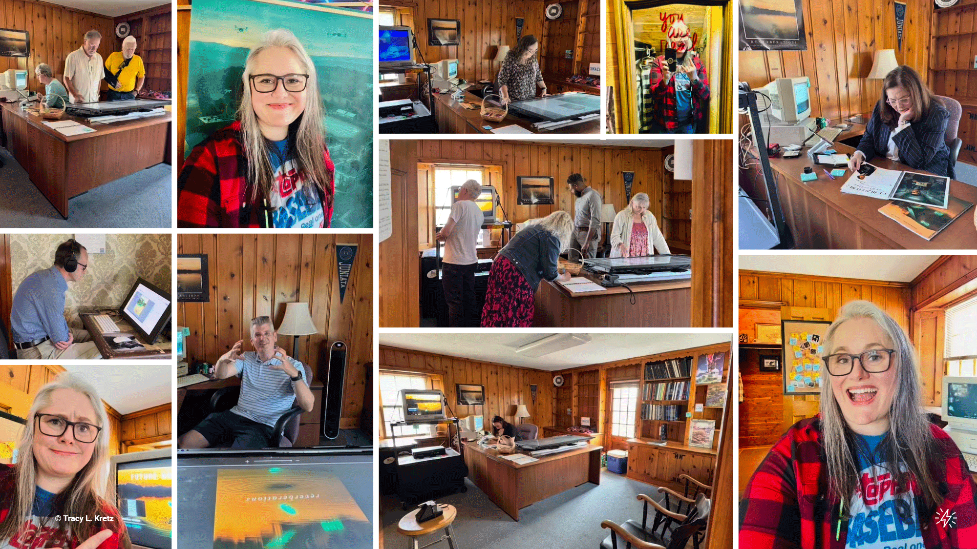 Tracy Kretz_Future Nostalgia_Photo_2 People working in wood-paneled marine research station with computers, charts, and nautical equipment displays