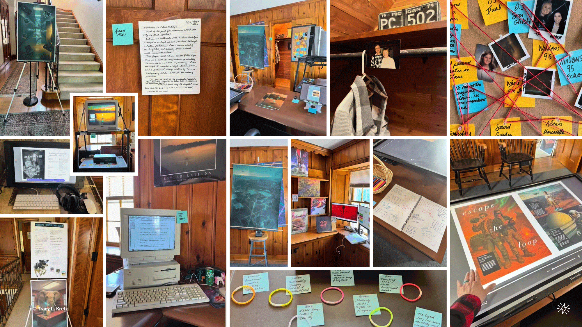 Tracy Kretz_Future Nostalgia_Photo_3 Vintage computer workspace collage showing retro computers, wooden desks, handwritten notes, and nostalgic tech setup