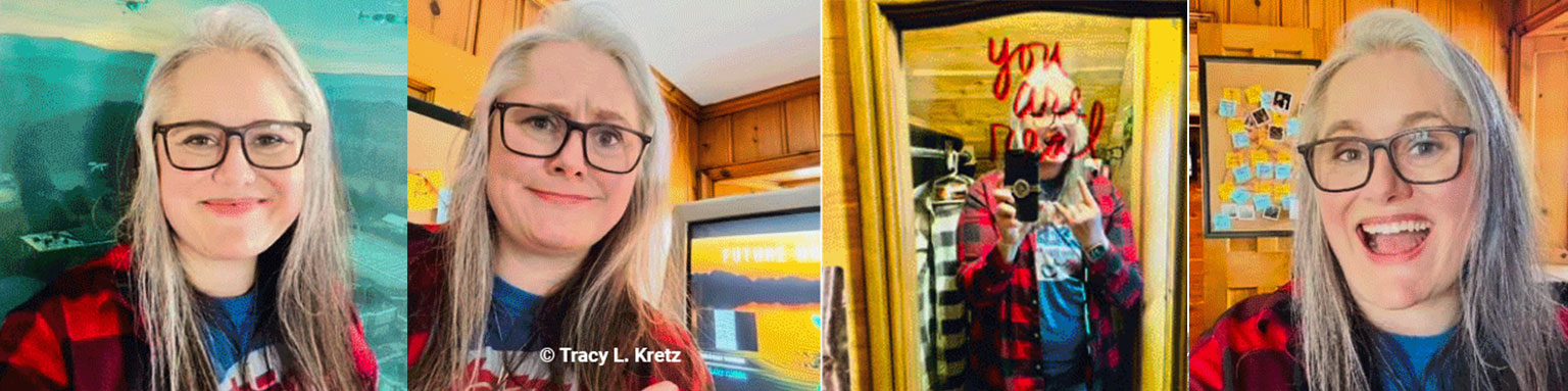 Tracy Woman with glasses and long gray hair wearing red plaid shirt in kitchen, shown in four sequential photos smiling