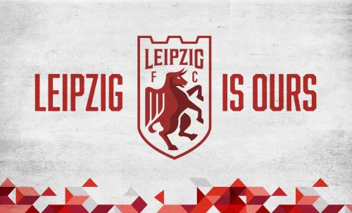 RB Leipzig FC logo with red bull shield emblem and Leipzig is Ours text on geometric red and white background
